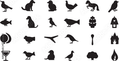 Set of black vector animal silhouettes including birds, cats, fish, and turtles for illustration and design
