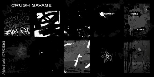 Collage of abstract grunge textures graffiti elements and graphic design elements in monochrome