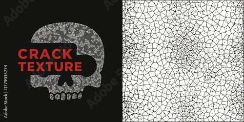 Abstract skull shape filled with crackle texture overlayed on a cracked surface background