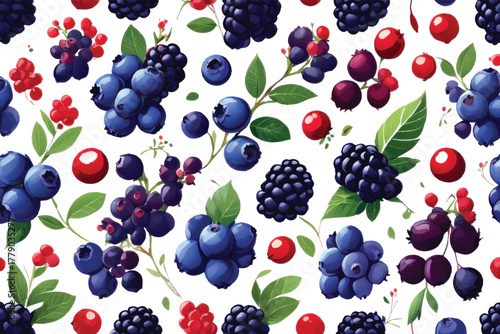 A vibrant pattern of blueberries, blackberries, and red berries with green leaves on a white background.