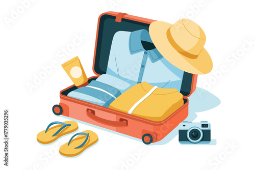 Vector illustration of open suitcase packed with summer clothes, hat, flipflops, sunscreen, and a camera