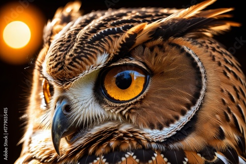 Nahaufnahme eines Uhus mit durchdringendem Blick in der Abenddämmerung