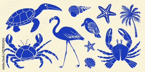 Collection of stylized blue marine life and tropical elements on a cream background