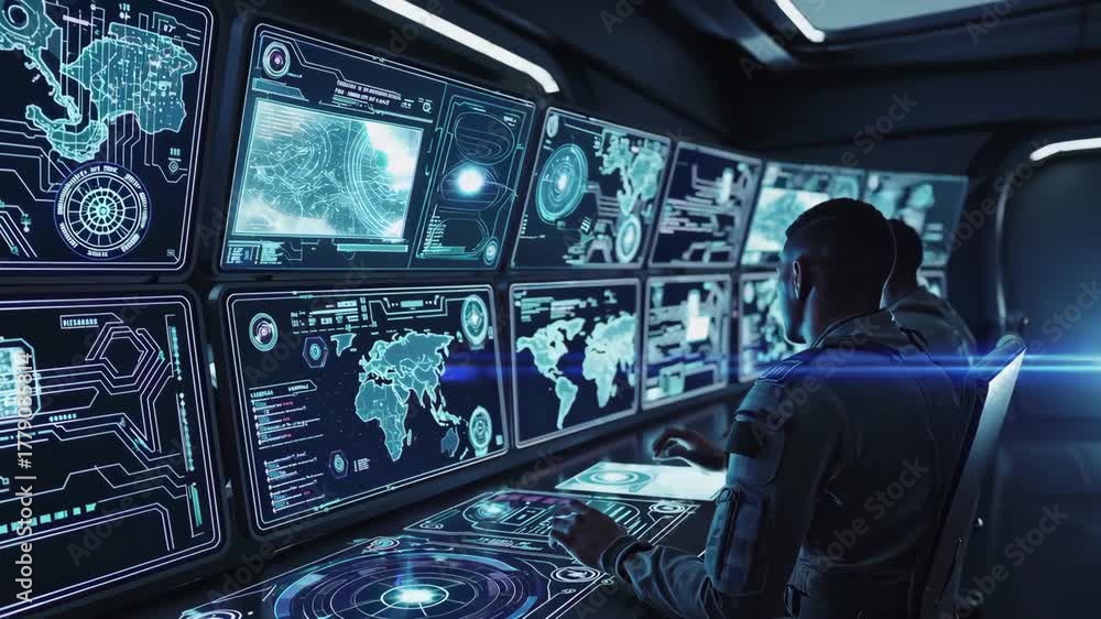 custom made wallpaper toronto digitalMilitary command center with soldiers viewing digital maps and tactical screens.