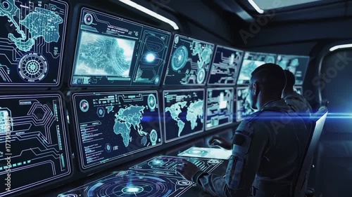 Wallpaper Mural Military command center with soldiers viewing digital maps and tactical screens. Torontodigital.ca