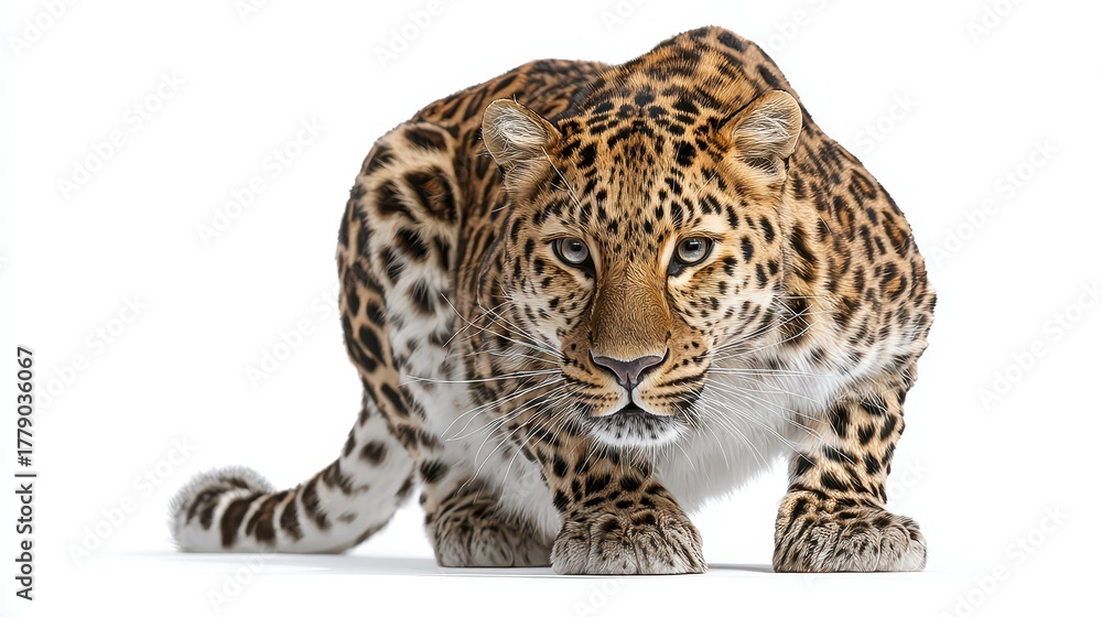 Obraz premium Amur leopard in hunting crouch position with intense blue eyes and spotted fur pattern isolated on white background, endangered species wildlife portrait