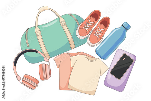 Vector illustration of gym bag with workout essentials including a duffel bag, sneakers, water bottle, headphones, tshirts, and a smartphone