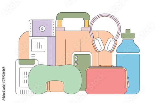 Vector illustration of travel essentials including a suitcase, neck pillow, headphones, water bottle, and phone