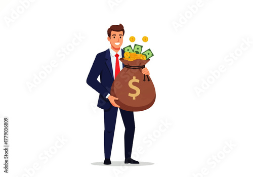 Wealthy Executive: A smartly dressed executive, embodying financial success, cradles a brimming sack of money, symbolizing wealth and achievement.