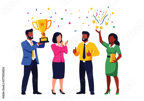 Triumphant Illustration of Award Ceremony: A vibrant illustration depicts a moment of celebration as individuals hold aloft a golden trophy, confetti raining down, signifying success and achievement.