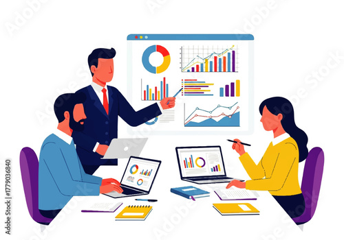 Data Analysis Meeting: A focused business meeting centers around a detailed data analysis, presented on a large screen with charts and graphs, fueling strategic discussions.
