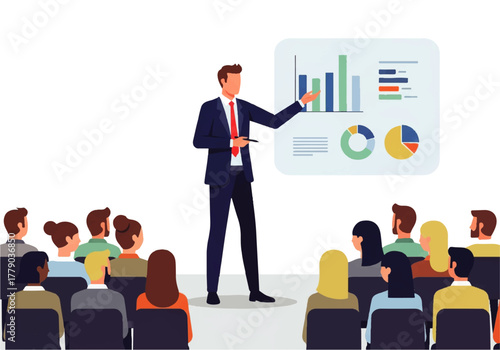 Business Presentation: A confident presenter engaging a diverse audience during a business presentation, conveying information with clarity and enthusiasm.