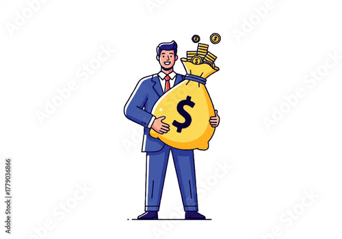 Wealth and Prosperity: A well-dressed individual confidently embraces a large bag brimming with gold coins, symbolizing financial abundance and the pursuit of wealth. 