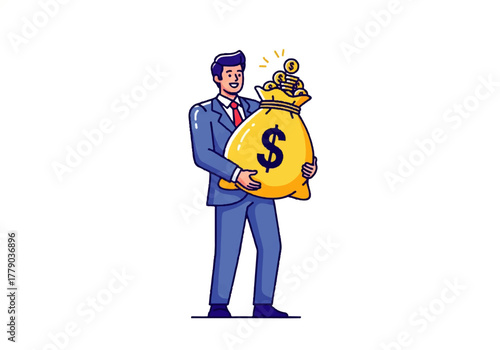Financial Fortress: A professional, clad in a crisp suit, proudly cradles an overflowing money bag, embodying prosperity and the tangible result of strategic financial management.