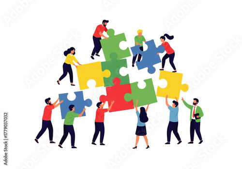 Teamwork with Puzzle: A diverse team collaboratively assembles a vibrant puzzle, representing unity, problem-solving, and the power of combined efforts.
