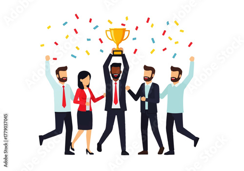 Triumph and Celebration: A group of individuals celebrate success, holding a golden trophy high amid a flurry of colorful confetti.
