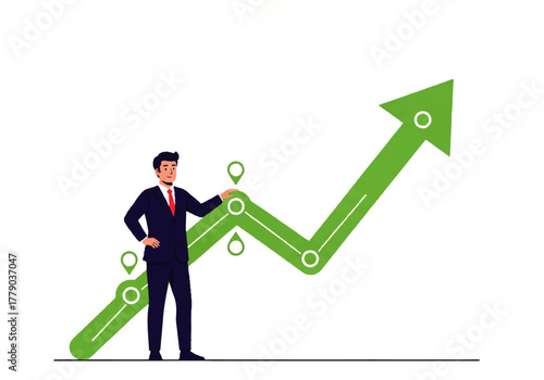 Visionary's Ascent: An empowered executive gestures towards an upward-trending arrow, charting a course toward future success and demonstrating proactive strategic planning.