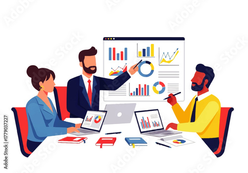 Strategic Minds at Work: A dynamic team collaborates on a data-driven project, analyzing charts and graphs displayed on a large screen and their laptops. A focused business environment 