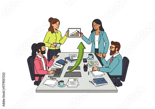 Business meeting: A dynamic business meeting unfolds, with colleagues collaboratively analyzing data, strategizing for growth, and envisioning a trajectory of success.
