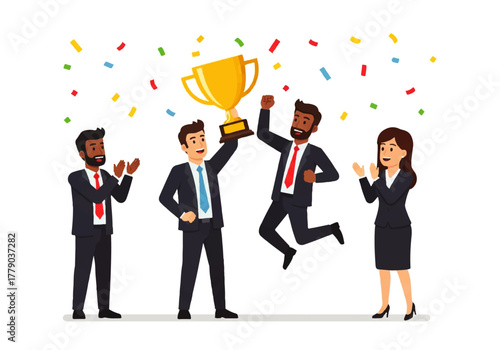 Celebrating Success: An animated depiction of a triumphant group of business professionals exalting with a trophy amidst a shower of colorful confetti, signifying their shared achievement.