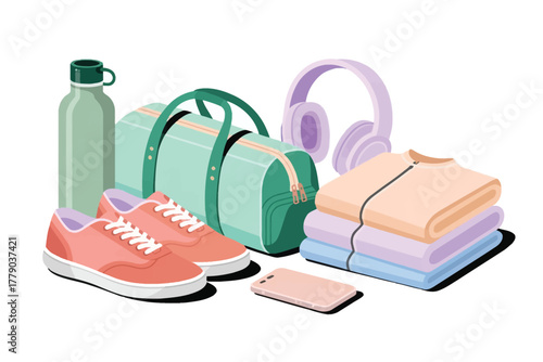 Vector illustration of gym and fitness essentials including a duffel bag, sneakers, water bottle, headphones, folded clothes, and a smartphone
