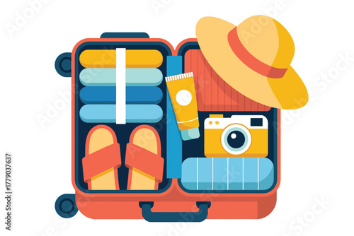 Vector illustration of open suitcase packed with travel items including clothes, toiletries, a camera, a hat, and sandals, ready for a journey
