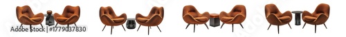 Four identical brown armchairs with a small black table between each pair, isolated on transparent background