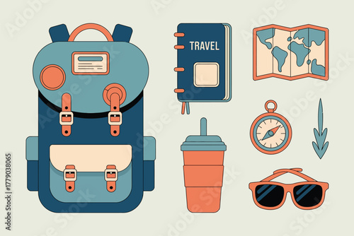 Vector illustration of flat design illustration of travel items backpack, journal, map, compass, sunglasses, and a beverage cup, arranged against a plain backdrop