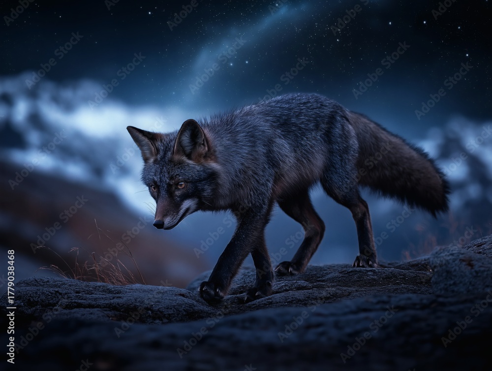 Fototapeta premium A lone fox is walking under the starry night sky on top of a rock.