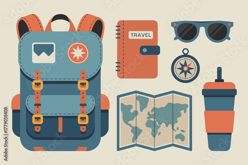Vector illustration of flat design illustration of travel essentials including a backpack, notebook, sunglasses, compass, map, and coffee cup, representing adventure and exploration