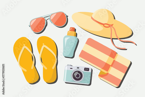 Vector illustration of summer vacation essentials including sunglasses, flipflops, sunscreen, a hat, a camera, and a towel, all arranged on a plain background