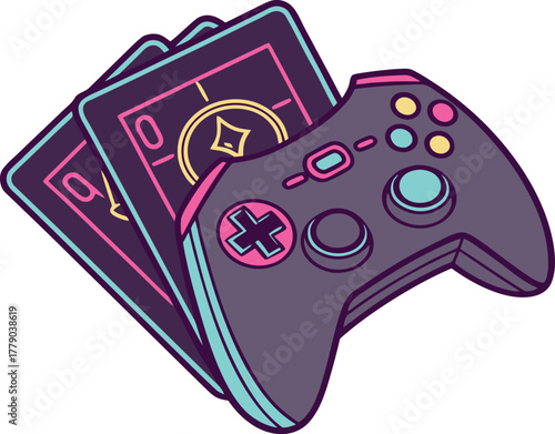 A video game controller and game cards on a white background gamepad joystick