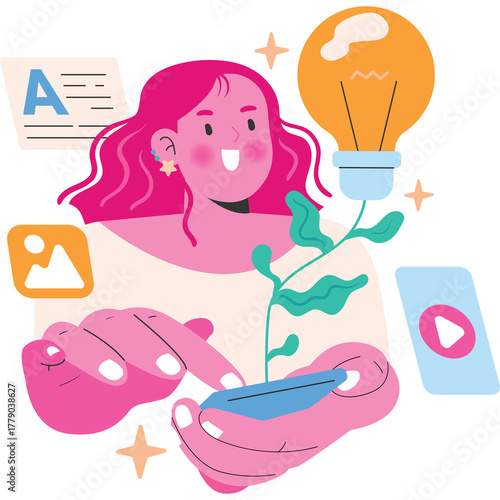Woman with flowing pink hair holding a plant and interacting with digital media icons and a bright idea lightbulb representing innovation and creativity