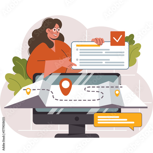 Woman with Glasses and Orange Shirt Planning Route on Digital Map and Checklist with Location Pins and Text Bubbles on Computer Screen with Green Leaves Background