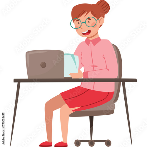 Woman with Glasses and Pink Shirt Working at Desk with Laptop and Papers in Office Chair Detailed Illustration