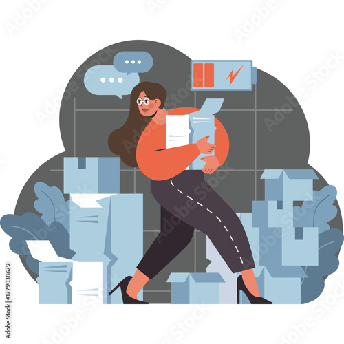 Woman With Glasses Carries Papers Surrounded By Cardboard Boxes With Chat Bubbles And Battery Icon Above Her Head In A Semi-Abstract Flat Design