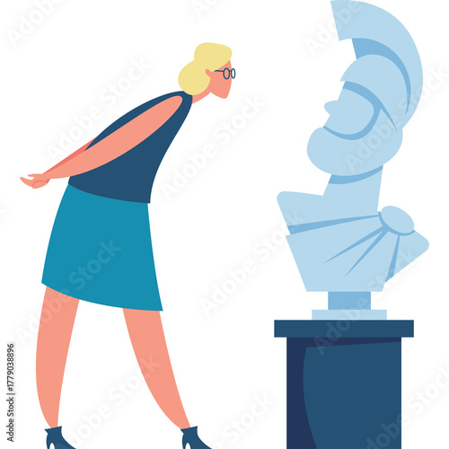 Woman With Blonde Hair And Glasses Wearing A Blue Dress Looking At A Light Blue Sculpture On A Pedestal On A Transparent Background