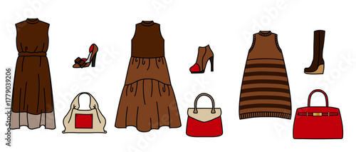 秋冬のブラウンとレッドを基調にしたファッションアイテムセット