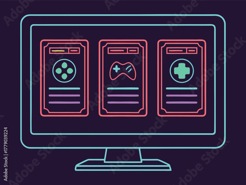 Computer screen showing three game cards with icons for gameplay monitor