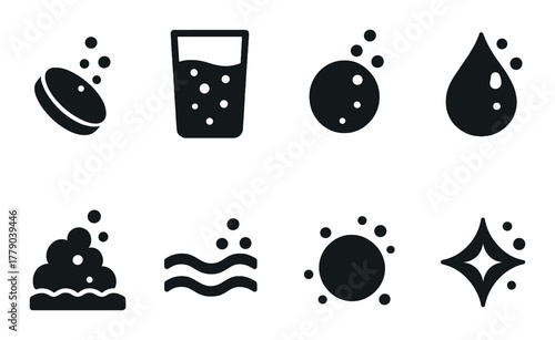 Monochrome icons of water and bubbles: soap, glass, drop, waves, cleanliness symbols