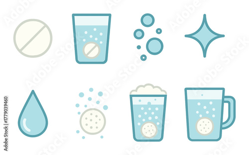 Effervescent tablet dissolving process in water with icon illustrations