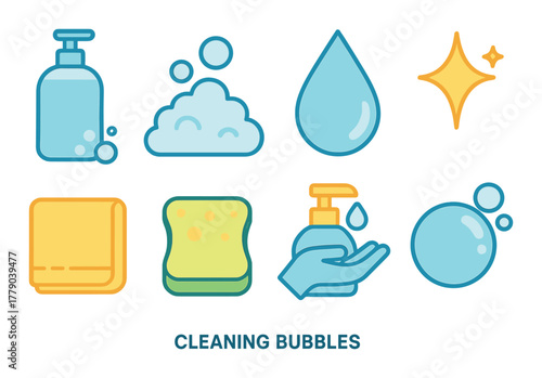 Colorful cleaning icons with soap, sponge, and bubbles