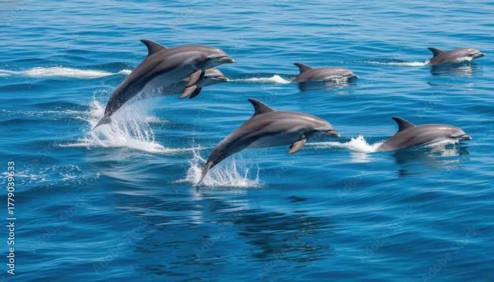 Obraz premium Majestic Pod of Dolphins Leaping Joyfully in Dynamic Blue Ocean Waves, Capturing a Moment of Natural Splendor and Aquatic Grace