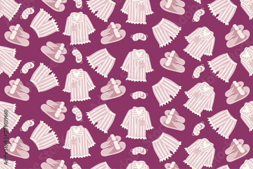 Chic seamless pattern with striped pink pajamas, fluffy slippers and eye masks.