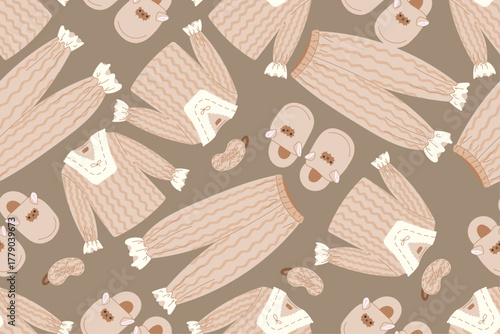 Cozy home pajama seamless pattern with slippers and sleep masks in warm neutral tones