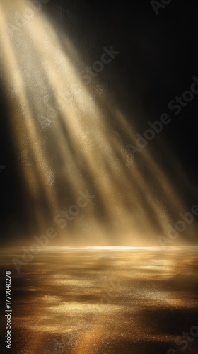 Vibrant photo of golden light beam with dark background for product presentation display stage