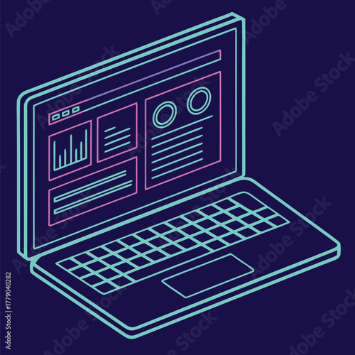 Isometric laptop with colorful interface displaying charts and data computer technology