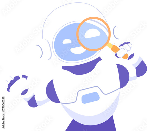 AI robot looking throught magnifying glass for fiding information