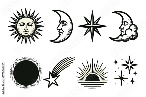Vintage sun and moon illustrations with celestial stars and comets