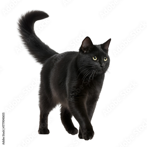 Black maine coon cat walking forward with fluffy tail isolated on transparent background